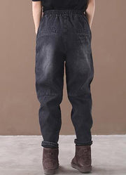 Vivid black Jeans women's elastic waist patchwork design women pants - SooLinen