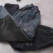 Vivid black Jeans women's elastic waist patchwork design women pants - SooLinen