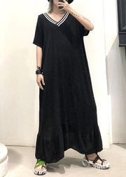 Vivid black cotton Tunics v neck Traveling ruffles summer Dresses - SooLinen