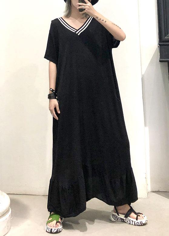 Vivid black cotton Tunics v neck Traveling ruffles summer Dresses - SooLinen