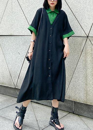 Vivid black cotton clothes Women lapel Button Down Maxi summer Dress - SooLinen