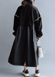 Vivid black cotton dress patchwork high neck A Line fall Dresses - SooLinen