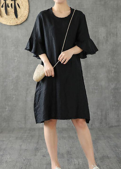 Vivid black cotton linen dresses o neck Petal Sleeve baggy Dress - SooLinen