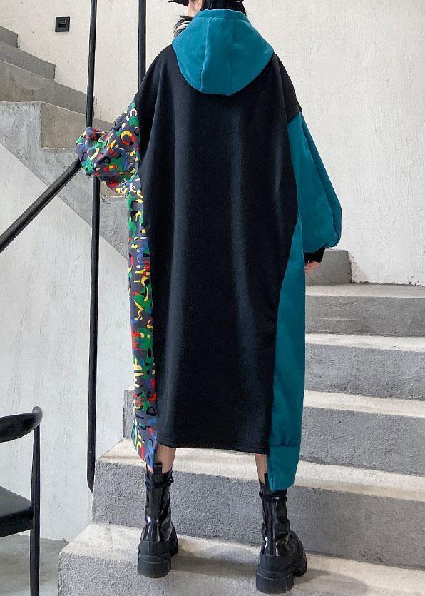 Vivid black cotton quilting clothes hooded patchwork print Traveling Dresses - SooLinen