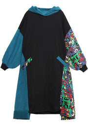 Vivid black cotton quilting clothes hooded patchwork print Traveling Dresses - SooLinen