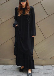 Vivid black cotton quilting dresses o neck Batwing Sleeve Kaftan summer Dress - SooLinen