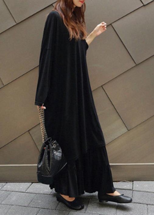 Vivid black cotton quilting dresses o neck Batwing Sleeve Kaftan summer Dress - SooLinen