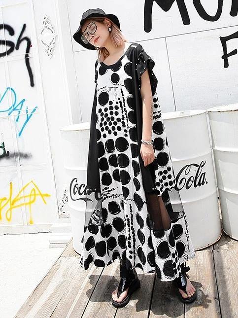 Vivid black dotted cotton Long Shirts o neck patchwork Maxi Dresses - SooLinen
