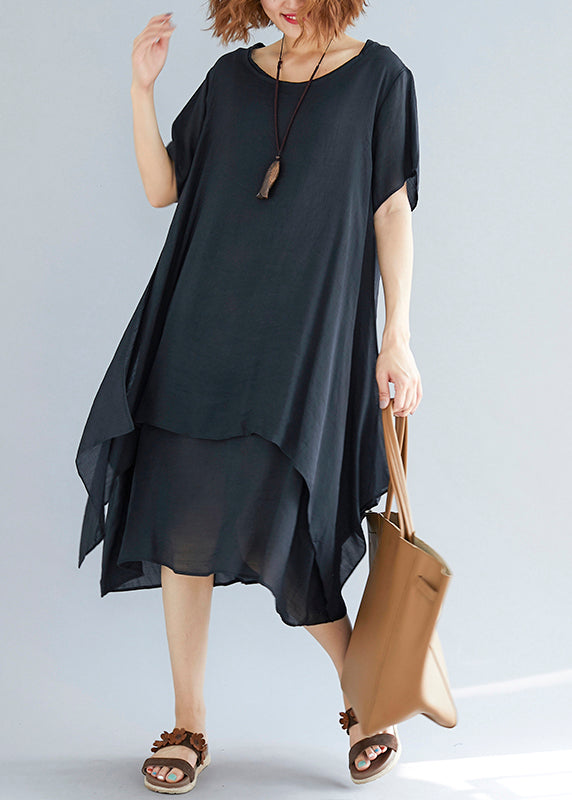 Leuchtend schwarze Leinen-Baumwoll-Tuniken für Frauen in Übergröße. Stoffe mit asymmetrischem, übergroßem Sommerkleid