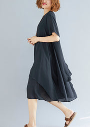 Vivid black linen-cotton tunics for women plus size Fabrics o neck asymmetric oversized Summer Dress