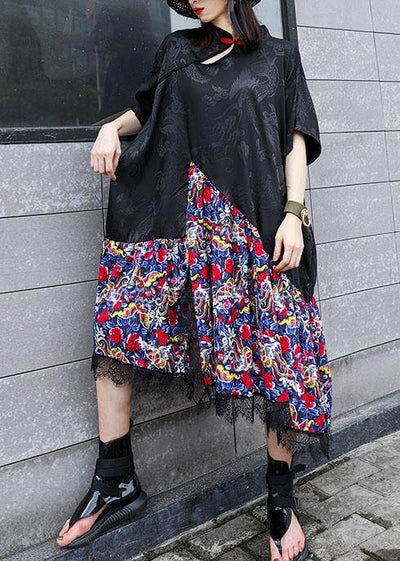 Vivid black patchwork prints cotton clothes Chinese Button summer Dress - SooLinen