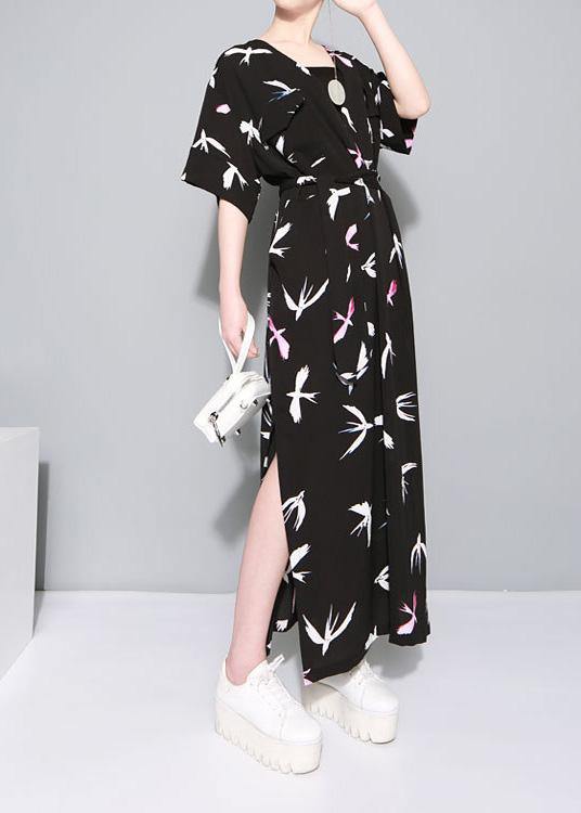 Vivid black prints chiffon clothes side open Traveling summer Dresses - SooLinen