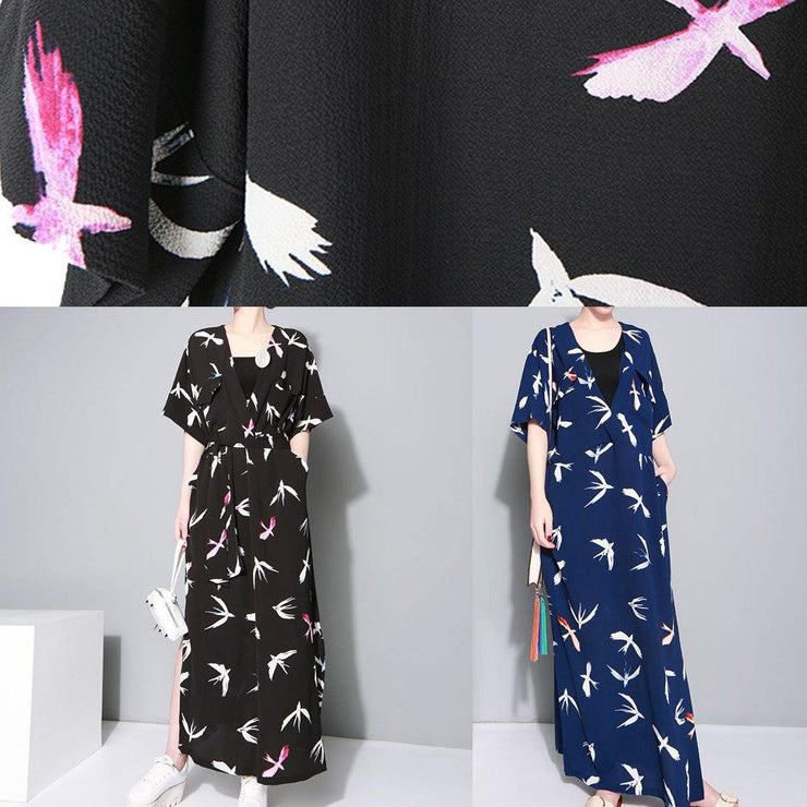 Vivid black prints chiffon clothes side open Traveling summer Dresses - SooLinen