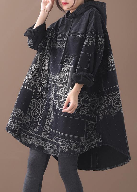 Vivid black thick Cotton quilting clothes hooded short patchwork Dresses - SooLinen