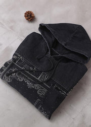 Vivid black thick Cotton quilting clothes hooded short patchwork Dresses - SooLinen