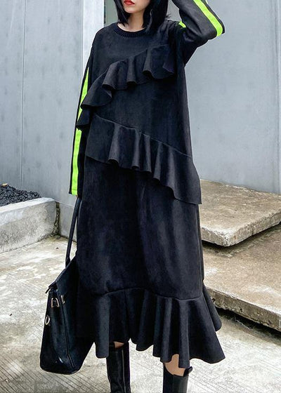Vivid black tunics for women o neck Ruffles Traveling Dress - SooLinen