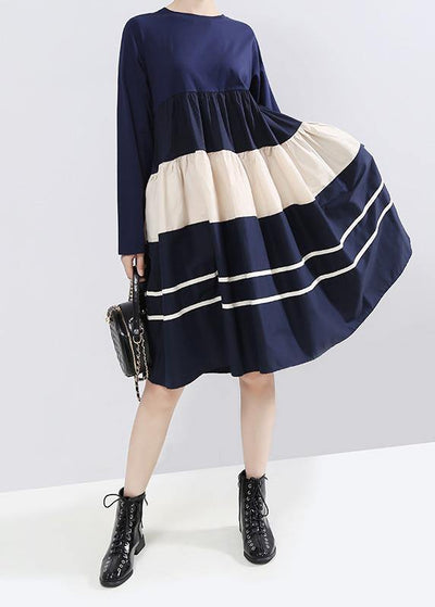 Vivid blue cotton outfit long sleeve A Line patchwork Dress - SooLinen