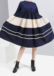 Vivid blue cotton outfit long sleeve A Line patchwork Dress - SooLinen