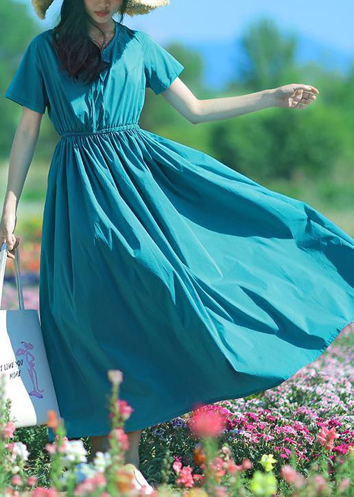 Vivid blue cotton tunic top o neck drawstring long summer Dress - SooLinen