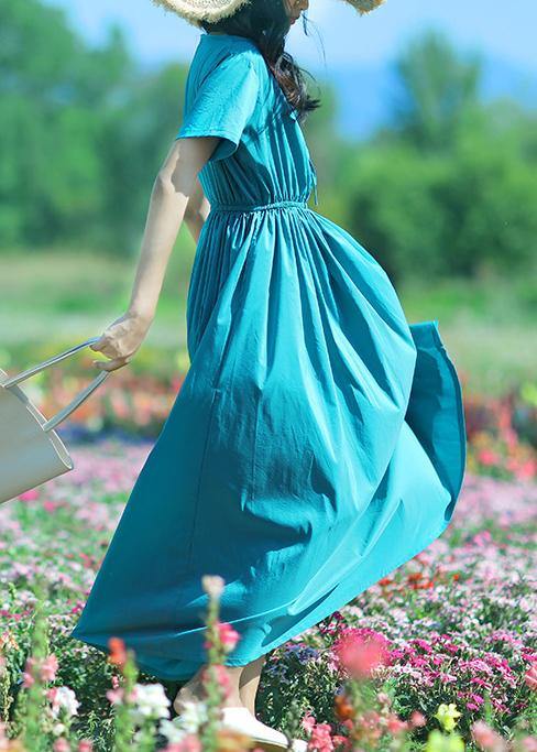 Vivid blue cotton tunic top o neck drawstring long summer Dress - SooLinen