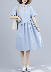 Vivid blue patchwork cotton clothes false two pieces Kaftan summer Dresses - SooLinen