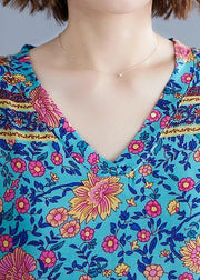 Vivid blue print Long v neck batwing sleeve Art summer Dress - SooLinen
