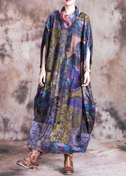 Vivid blue print cotton dress o neck Batwing Sleeve Maxi fall Dress - SooLinen