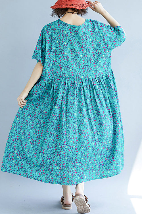 Lebhaft blau bedruckte Baumwoll-Leinen-Kleidung, feines Design, O-Ausschnitt, gerafftes Kaftan-Sommerkleid