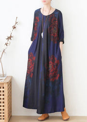 Vivid blue print dress o neck pockets Maxi fall Dress - SooLinen