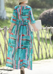 Vivid blue print linen Long Shirts Korea Sewing o neck Plus Size Clothing summer Dress - SooLinen