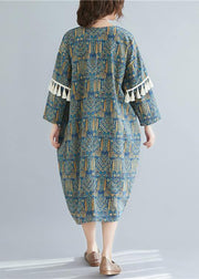 Vivid blue print linen clothes o neck tassel long spring Dresses - SooLinen
