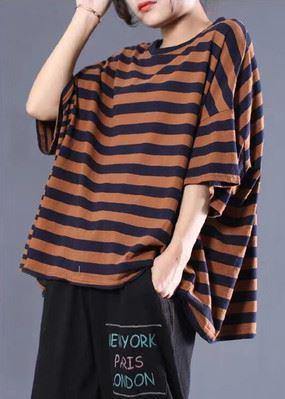 Vivid blue striped cotton Shirts Batwing Sleeve Plus Size top - SooLinen