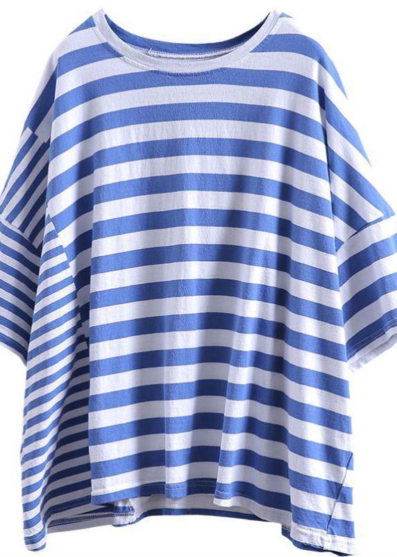 Vivid blue striped cotton Shirts Batwing Sleeve Plus Size top - SooLinen