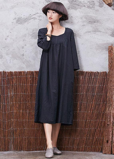 Vivid bracelet sleeved cotton linen quilting clothes Inspiration black Cinched Dress summer - SooLinen