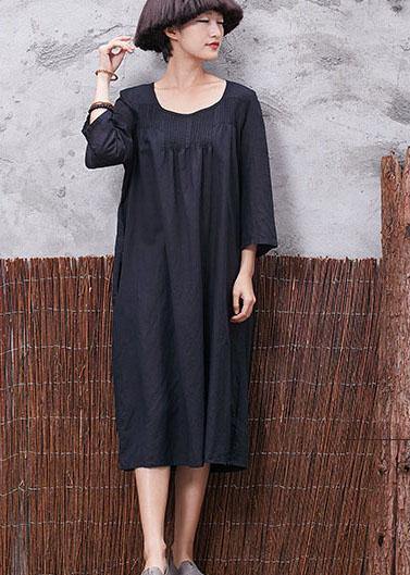 Vivid bracelet sleeved cotton linen quilting clothes Inspiration black Cinched Dress summer - SooLinen