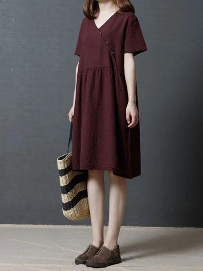 Vivid burgundy plaid linen cotton clothes For Women v neck Cinched daily Dresses - SooLinen