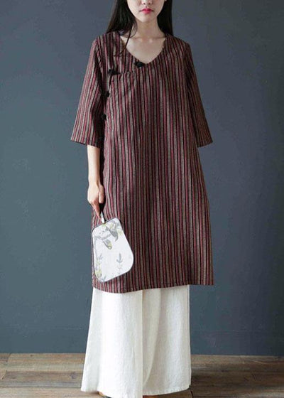 Vivid chocolate striped Cotton dress v neck Dress - SooLinen