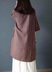 Vivid chocolate striped Cotton dress v neck Dress - SooLinen
