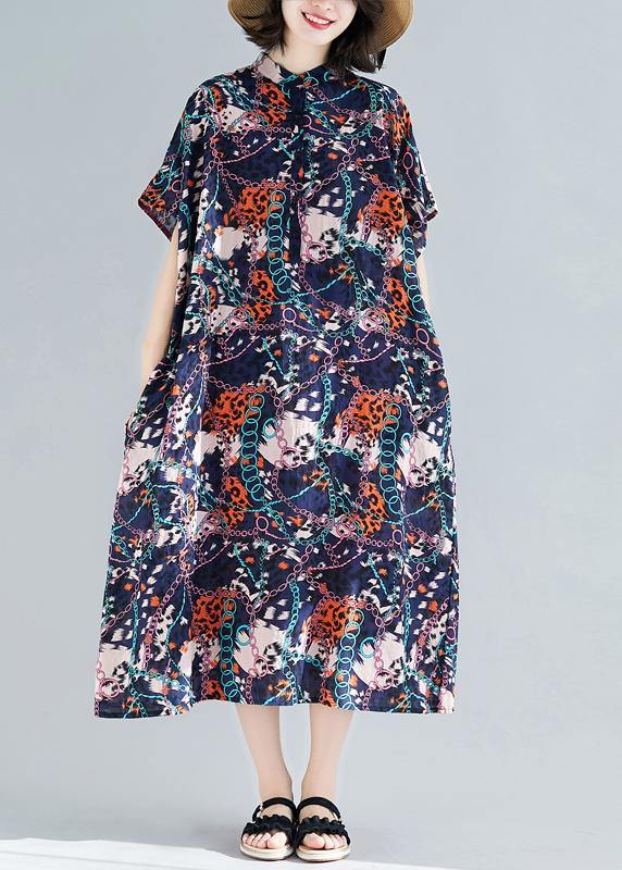 Vivid dark blue print cotton linen outfit stand collar pockets summer Dresses - SooLinen