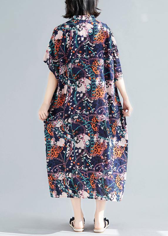 Vivid dark blue print cotton linen outfit stand collar pockets summer Dresses - SooLinen