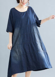 Vivid denim blue cotton quilting dresses Boho Fabrics o neck Kaftan summer Dresses - SooLinen