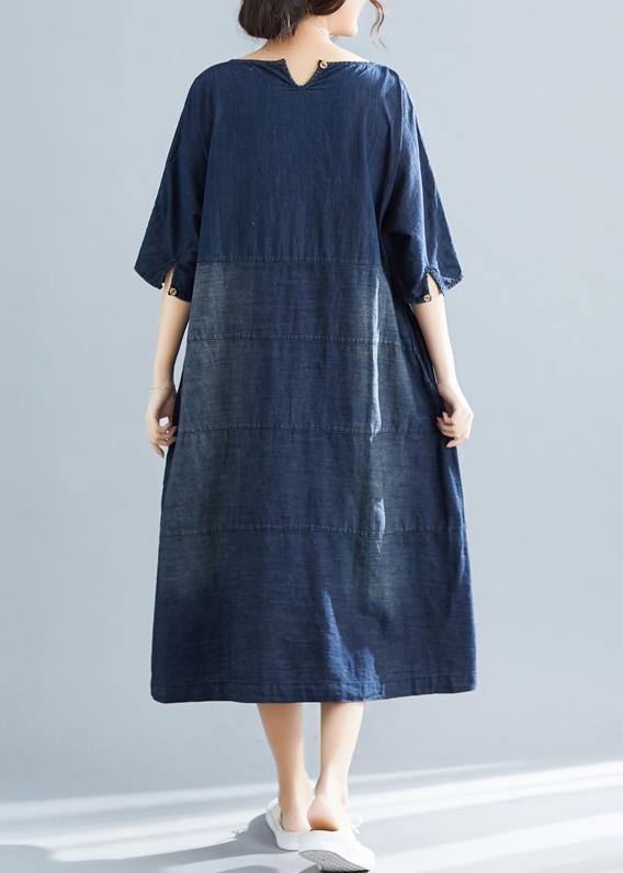 Vivid denim blue cotton quilting dresses Boho Fabrics o neck Kaftan summer Dresses - SooLinen