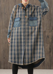 Vivid denim blue plaid Tunic hooded Button Down Plus Size Dress - SooLinen