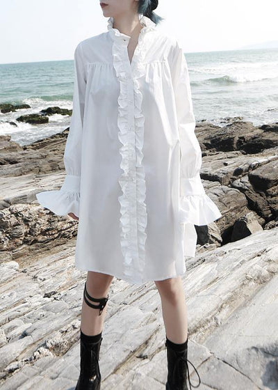Vivid flare sleeve cotton ruffles Tunics Work white stand collar Art shirt Dress - SooLinen