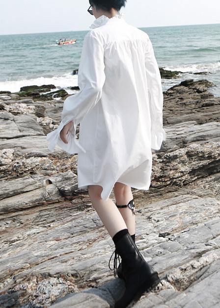 Vivid flare sleeve cotton ruffles Tunics Work white stand collar Art shirt Dress - SooLinen