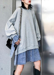 Vivid gray Cotton dress patchwork false two pieces Art Dress - SooLinen