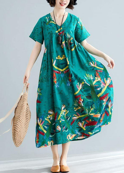 Vivid green cotton dresses prints Kaftan summer Dresses - SooLinen