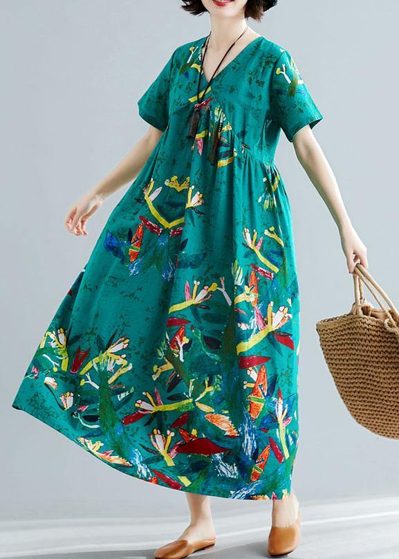 Vivid green cotton dresses prints Kaftan summer Dresses - SooLinen