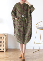 Vivid green plaid quilting clothes pockets Plus Size fall Dress - SooLinen