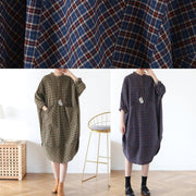 Vivid green plaid quilting clothes pockets Plus Size fall Dress - SooLinen